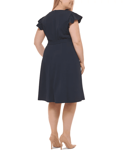 TOMMY HILFIGER Women's Navy Zippered Belted Logo Buttons Flutter Sleeve V Neck Above the Knee Wear to Work Fit + Flare Dress Plus 20W - Image 2