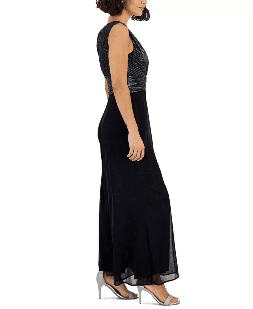 Connected Petite Sleeveless V-Neck Metallic Jumpsuit - Black Silver 8P - Image 4