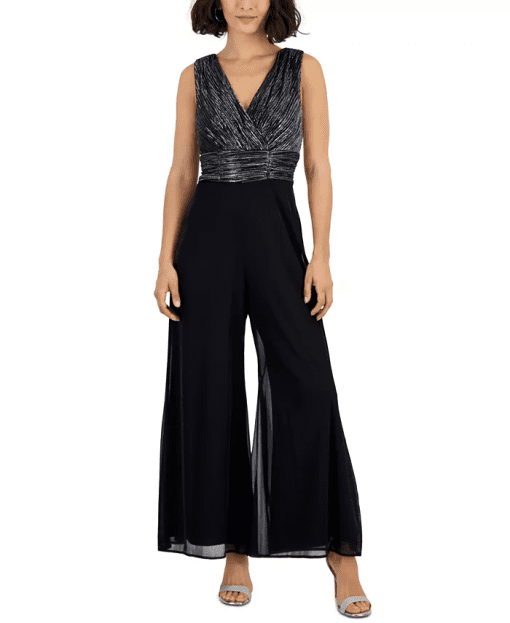 Connected Petite Sleeveless V-Neck Metallic Jumpsuit - Black Silver 8P - Image 2