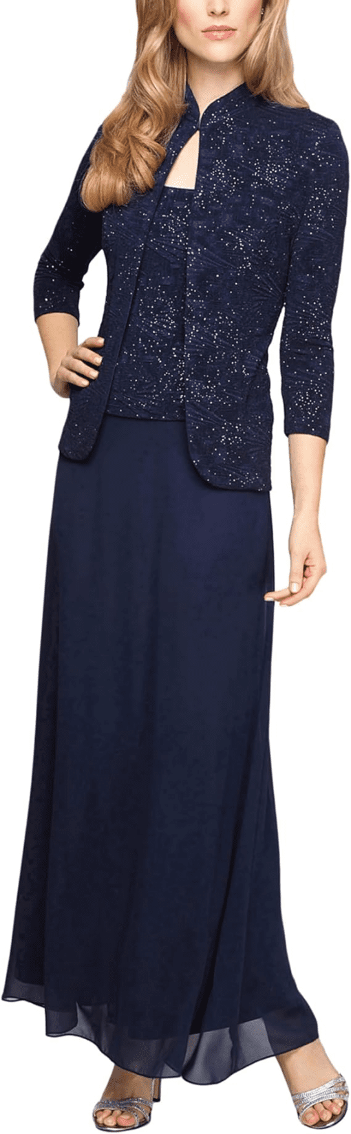 Alex Evenings Dress and Jacket, Patterned Sparkle Evening Dress - Navy 14 - Image 2