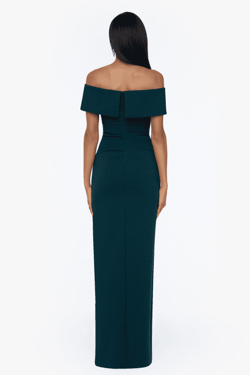 XSCAPE Womens Green Ruched Slitted Gown Short Sleeve Off Shoulder Maxi Evening Sheath Dress 4 - Image 2