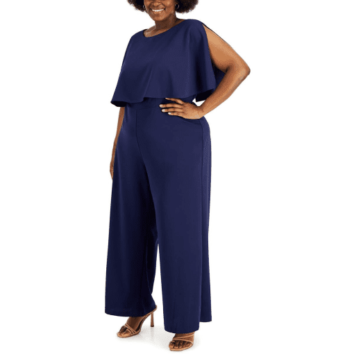 CONNECTED APPAREL Women's Navy Zippered Popover Split Sleeve Round Neck Wide Leg Jumpsuit Plus 20W - Image 2