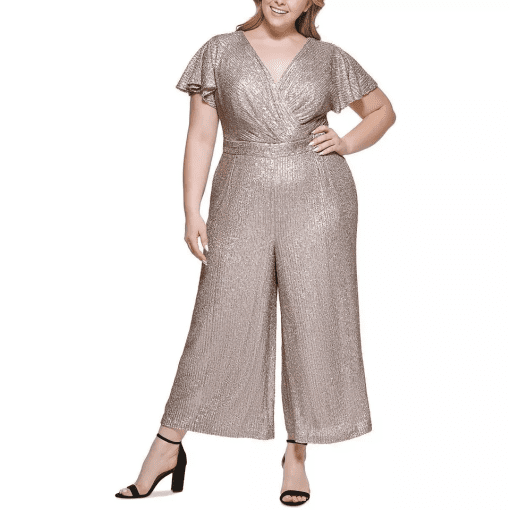 Eliza J Plus Size Flutter-Sleeve Wide-Leg Jumpsuit - Taupe 22W - Image 2