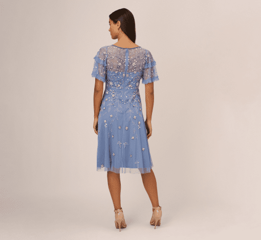 Adrianna Papell Beaded MIDI Dress with Sheer Ruffled Sleeves in French Blue 4 - Image 2