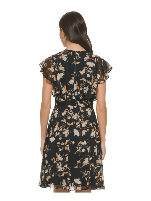 Dkny Women's Floral-Print Twist-Front Fit & Flare Dress - Black/Tan 4 - Image 2