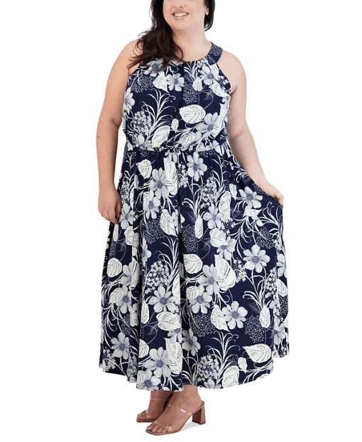 Robbie Bee Plus Size Jersey Halter-Neck Maxi Dress - Navy/Ivory 1X - Image 2