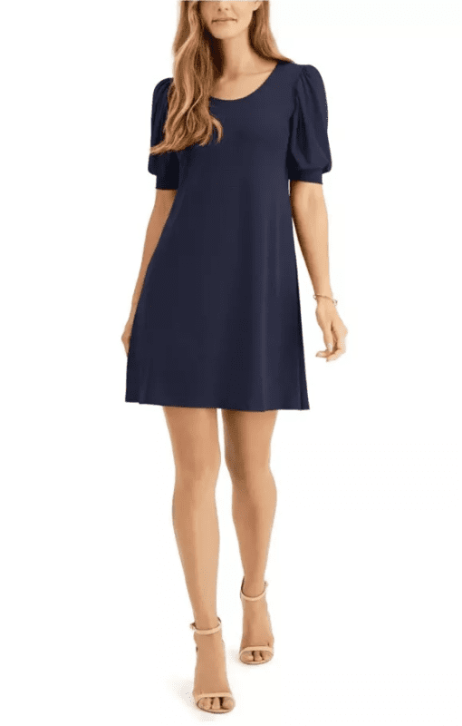 MSK PETITES Women's Navy Stretch Gathered Textured Pouf Sleeve Scoop Neck Short Party Shift Dress Petites PL - Image 2