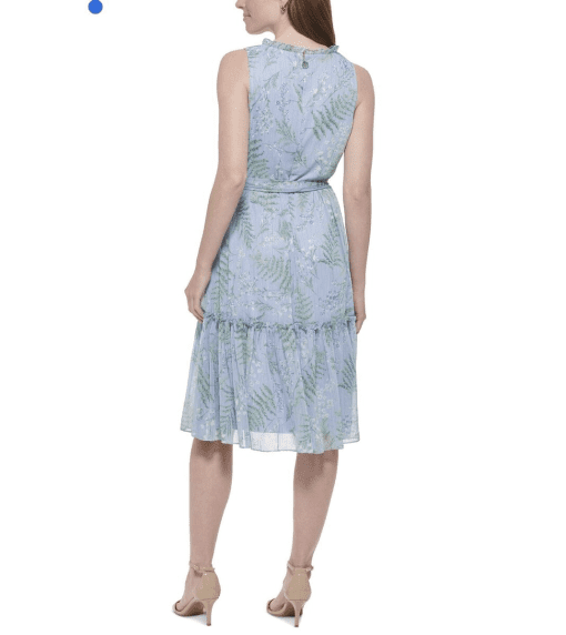 TOMMY HILFIGER Women's Blue Zippered Ruffled Tie Belt Floral Sleeveless Round Neck MIDI Fit + Flare Dress 6 - Image 2