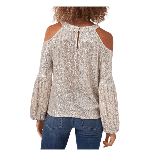 CECE Silver Sequin Cold Shoulder Blouse - Medium - Party Top - Image 3