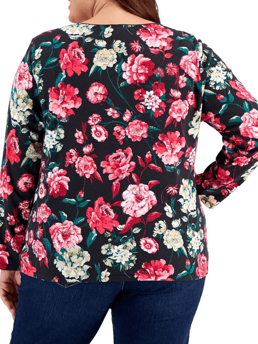 Karen Scott Plus Size Floral Print Scoop-Neck Top, Deep Black - Image 2