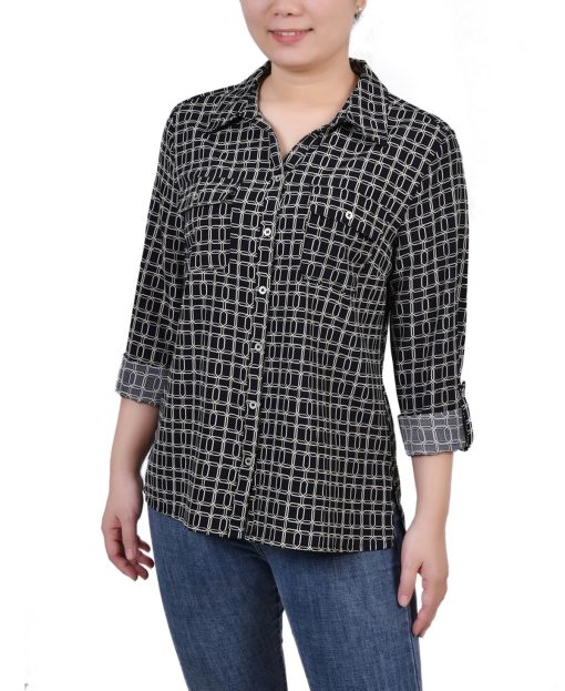 NY Collection Petite Black Geometric Blouse - Women's Top