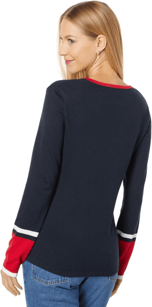 Tommy Hilfiger Women's Ivy Cotton V-Neck Tipped Sleeve Sweater - Sky Captain/scarlet/ivory S - Image 2