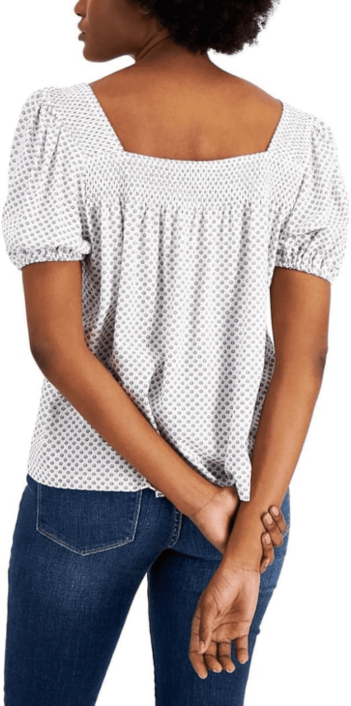 TOMMY HILFIGER Women's White Smocked Pouf Sleeve Square Neck Top L - Image 2