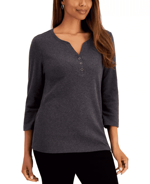 Karen Scott Petite 3/4-Sleeve Henley Shirt, SM - Image 2