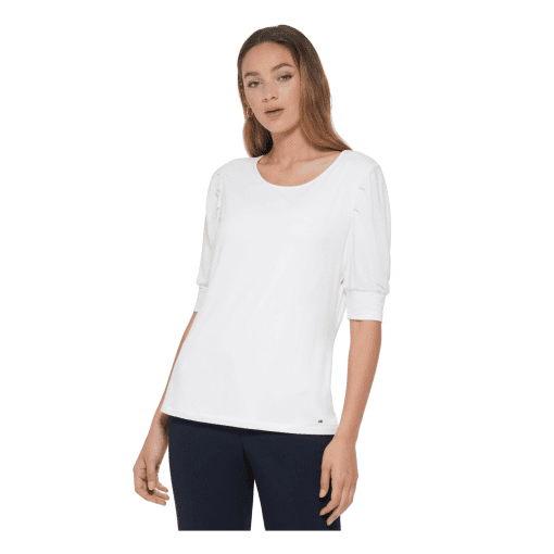 TOMMY HILFIGER Women's White Pleated Sheer Logo Plate Pullover Elbow Sleeve Scoop Neck Top M - Image 2