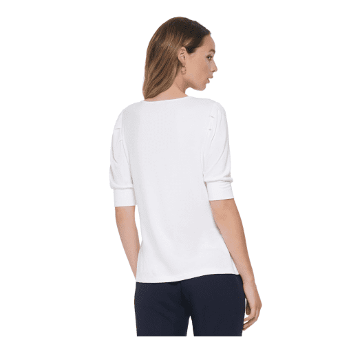 TOMMY HILFIGER Women's White Pleated Sheer Logo Plate Pullover Elbow Sleeve Scoop Neck Top M - Image 3