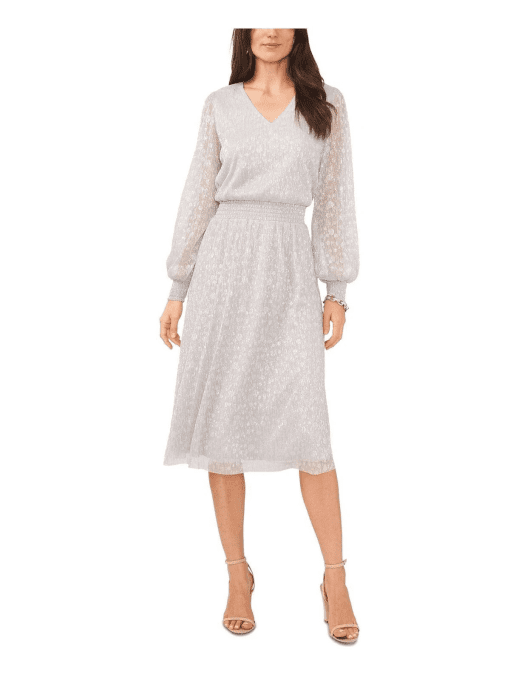 Msk Women's V-Neck Metallic MIDI Fit & Flare Dress - Silver M - Image 2