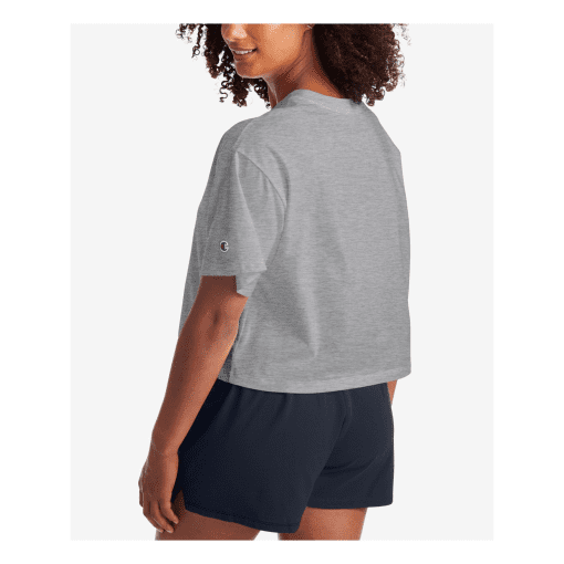 CHAMPION Women's Gray Cotton Blend Embroidered Ribbed Logo Graphic Short Sleeve Crew Neck Crop Top XL - Image 2