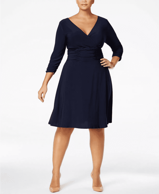 NY COLLECTION Women's Navy Ruched 3/4 Sleeve V Neck Knee Length Wear to Work a-Line Dress Plus 2X - Image 2