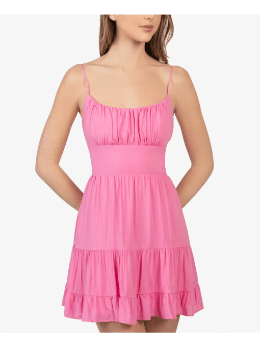 B DARLIN Womens Pink Zippered Tie Back with Cut Out Spaghetti Strap Scoop Neck Short Fit + Flare Dress Juniors 56 - Image 2