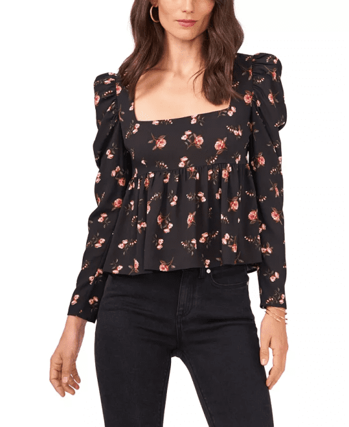 STATE Black Floral Blouse - Square Neck Top - Size 4 - Women's Shirt - Image 2