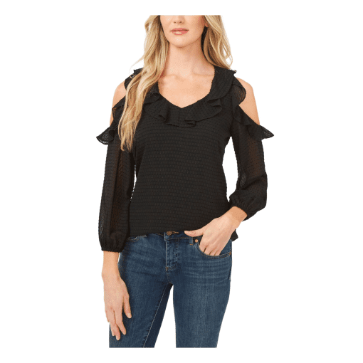 CECE Womens Black Ruffled Cold Shoulder Lined Sheer Clip Dots Long Sleeve V Neck Blouse S - Image 2