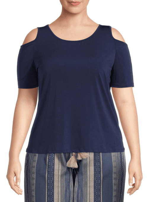 JM Collection Plus Navy Cold Shoulder Top - Plus Size Blouses - Image 2