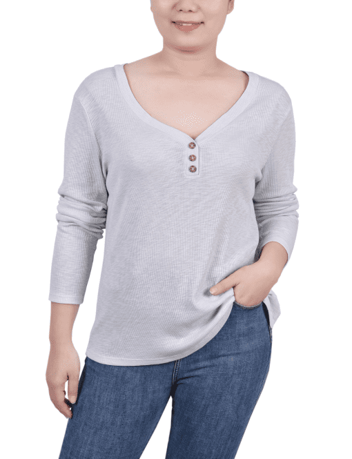 NY Collection Women's Petites Cotton Ribbed Henley PS - Image 2