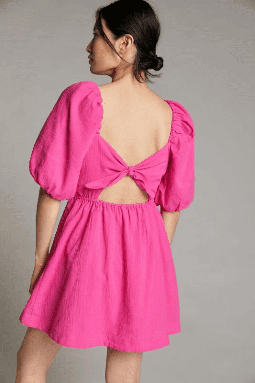 BAR III DRESSES Womens Pink Smocked Textured Lined Elastic Cuffs Pouf Sleeve Square Neck Above the Knee Fit + Flare Dress L - Image 2