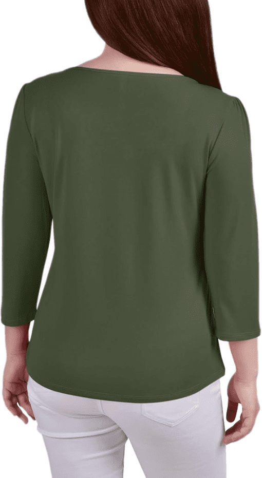 NY Collection Petite 3/4 Sleeve Crepe Knit Top - Olivine PL - Image 2