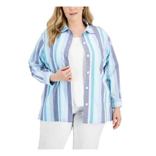 ANNE KLEIN Womens Blue Pocketed Slitted Shacket Striped Cuffed Sleeve Point Collar Button up Top Plus 2X - Image 2