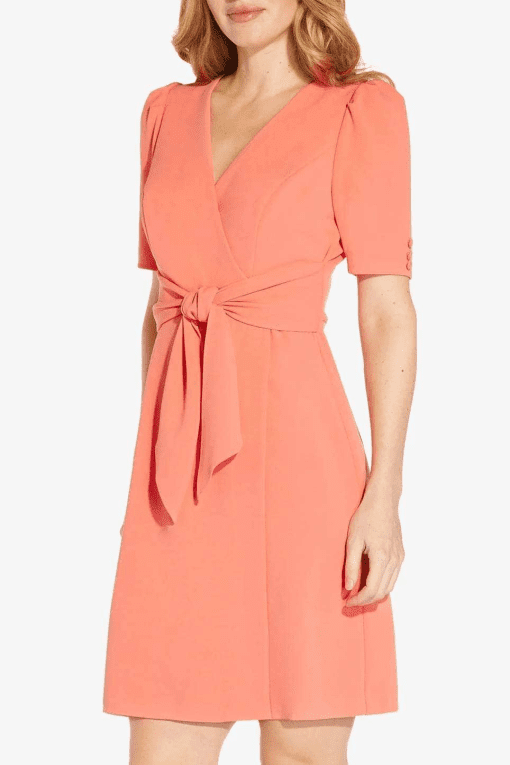 Adrianna Papell V-Neck Short Sleeves Back Zipper Tie Front Detail Short Crepe Dress by Curated Brands 12 - Image 2