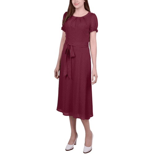 Ny Collection Petite Short Sleeve Belted Swiss Dot Dress - Rhodendrum Rectangle PL - Image 2