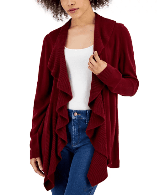 Karen Scott Women's Ruffle Long Cardigan, - Ks Merlot XL - Image 2