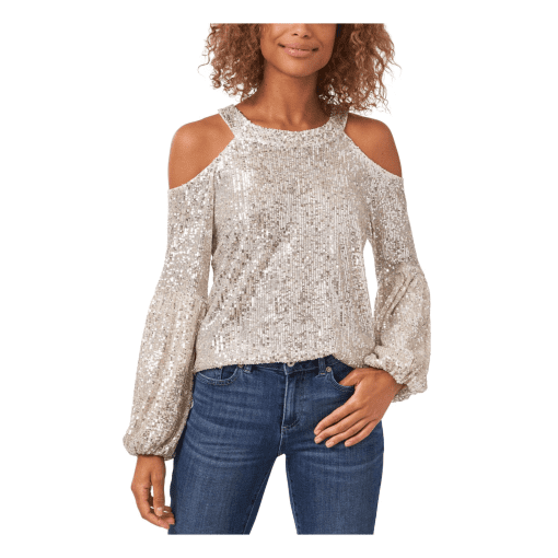 CECE Silver Sequin Cold Shoulder Blouse - Medium - Party Top - Image 2