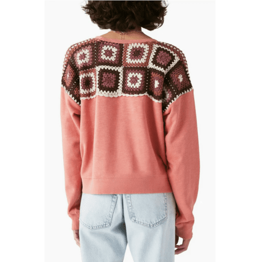 Lucky Brand Cotton Crochet Patch Yoke Pullover Sweater - Canyon Rose S/P - Image 3