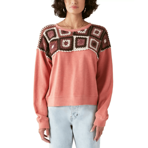 Lucky Brand Cotton Crochet Patch Yoke Pullover Sweater - Canyon Rose S/P - Image 2