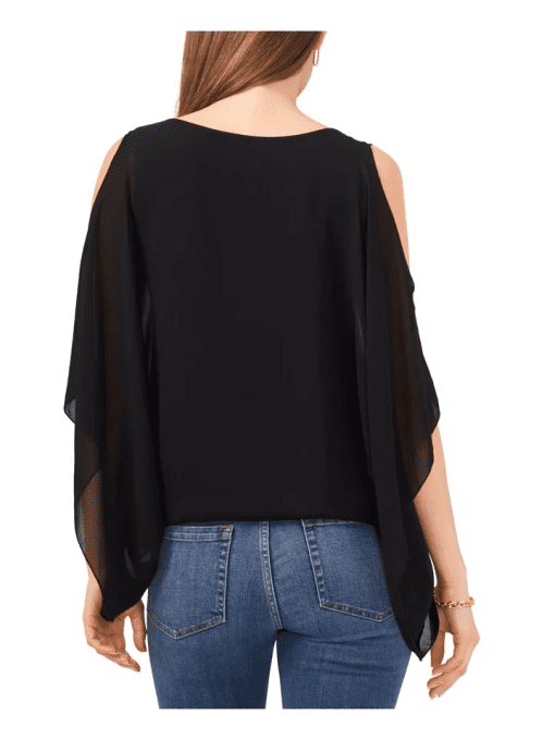 Vince Camuto Women's Black Cold Shoulder Sheer Lined Pullover Dolman Sleeve Round Neck Top L - Image 3