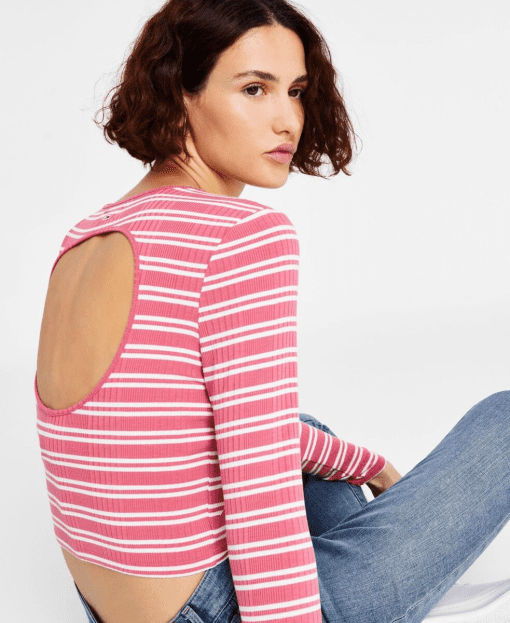 Tommy Jeans Womens Striped Ribbed T-Shirt  L - Image 3