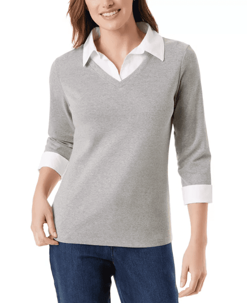 Karen Scott Cotton Layered-Look Woven Top, - Charcoal Heather M - Image 2