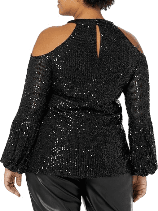 Jm Collection Plus Size Sequin Cold-Shoulder Top, - Deep Black 0X - Image 2