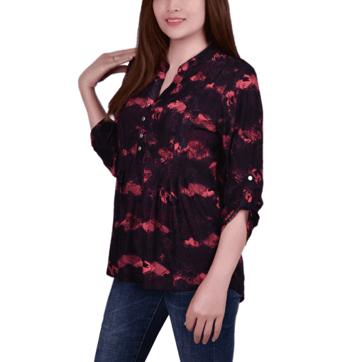 Ny Collection Petite 3/4 Roll Tab Sleeve Printed Pintuck Top - Red Milaflor PXL - Image 4