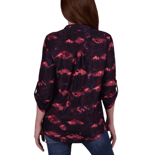 Ny Collection Petite 3/4 Roll Tab Sleeve Printed Pintuck Top - Red Milaflor PXL - Image 3