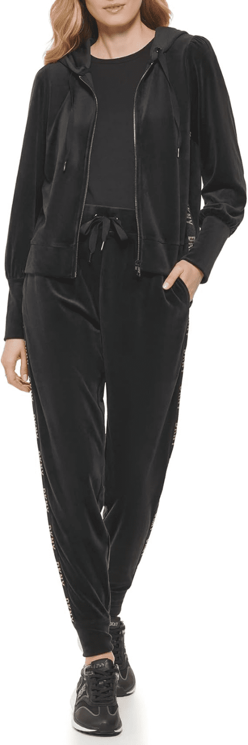 Dkny Women's Metallic Logo Trim Velour Jogger Pants - Black/Gold XL - Image 2