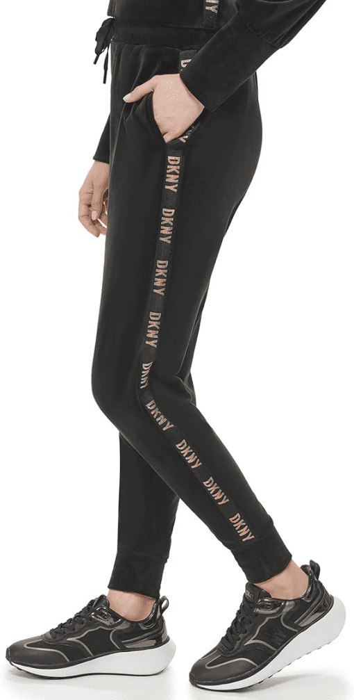 Dkny Women's Metallic Logo Trim Velour Jogger Pants - Black/Gold XL - Image 3