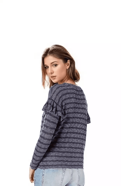 Kensie Indigo Blue Ruffle Sleeve Stripe Sweater L - Image 3