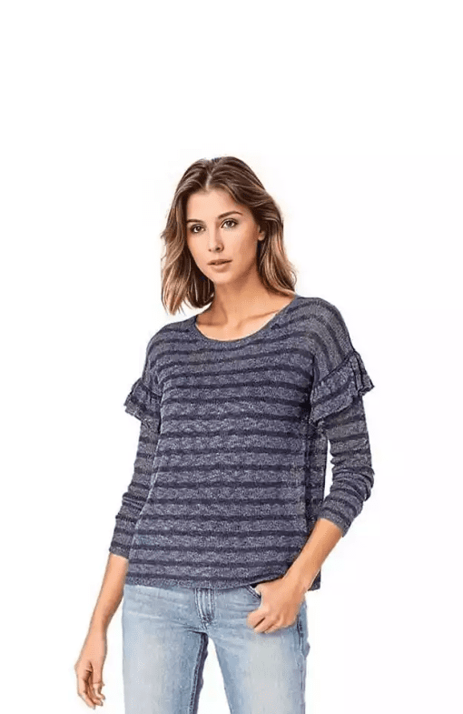 Kensie Indigo Blue Ruffle Sleeve Stripe Sweater L - Image 2