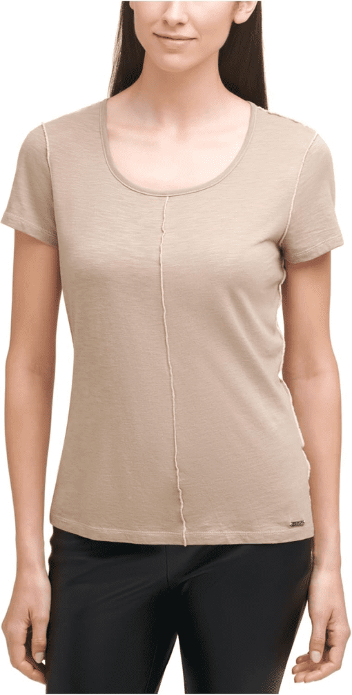 DKNY Womens Beige Textured Contrast Seams Short Sleeve Scoop Neck T-Shirt XL - Image 2