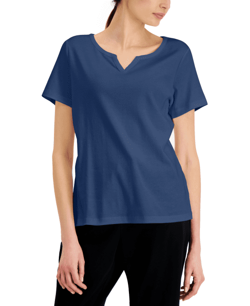 Karen Scott Plus Size Cotton Split-Neck Top,  - Ultramarine 0X - Image 2