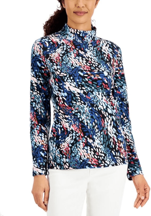 Karen Scott Women's Baja Winds Printed Mock-Neck Top,  Intrepid Blue Combo - Image 2